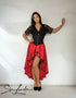SiaLinda: Rock Sina II, karmesin rot, Satin, Lilien Applikation, asymmetrisch, geschlitzt - SiaLinda.com